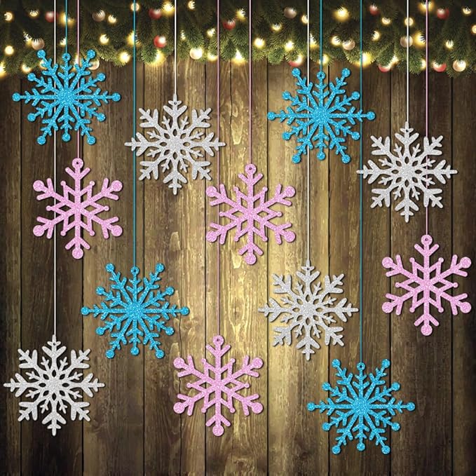 Winter Snowflake Hanging Ornaments Decors, Frozen Snowflakes Ceiling Streamers Sparkly Snow Decor for Christmas Birthday Winter Wonderland New Year, Glitter Pink Blue Sliver Snowflake Garland