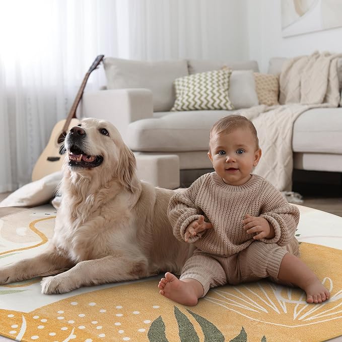 Lahome Boho Round Rug - Circle Rug 3Ft Washable Non-Slip Ultra-Thin Round Entryway Rug Throw Soft Small Circle Area Rug for Bathroom, Botanical Print Circular Rugs for Bedroom Nursery Kids Room Sofa