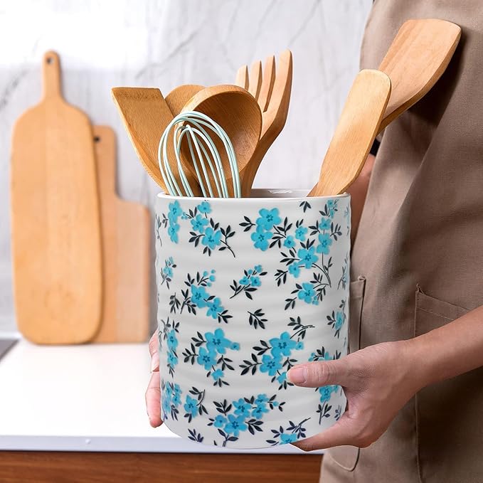 Kitchen Utensil Holder,7.2″Extra Large Stable Pattern Ceramic Utensil Crock,Utensil Organizer for Countertop,Kitchen Decor,Utensil Holder for Housewarming,Wedding Gift (Teal Blue)