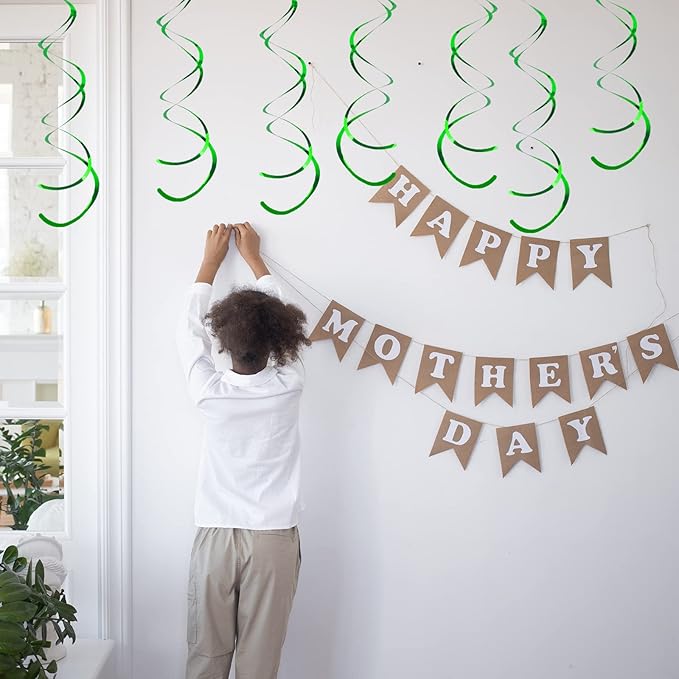 30 Pieces Green Party Hanging Swirls, Plastic Streamer Ceiling Decorations Wedding Baby Shower Birthday Party Decorations