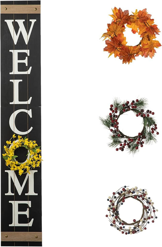 Glitzhome Welcome Sign for Front Door Porch, Farmhouse Wooden Hanging Wall Sign with 4 Interchangeable Floral Wreaths for Seasons Spring Summer Fall Harvest Thanksgiving Christmas, 60”H, Black