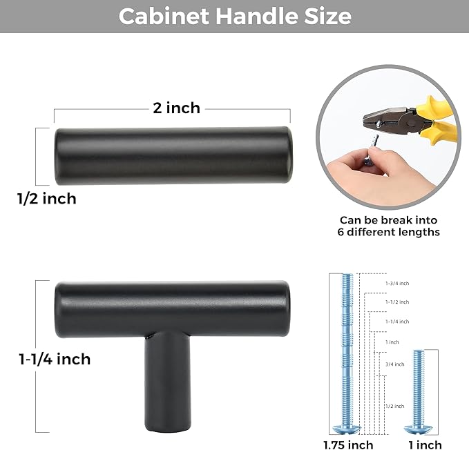 30 Pack Matte Black Cabinet Knobs - Kitchen Cabinet Knobs Black Pulls for Kitchen Drawer Stainless Steel Dresser Hardware 2in Length Single Hole T Bar