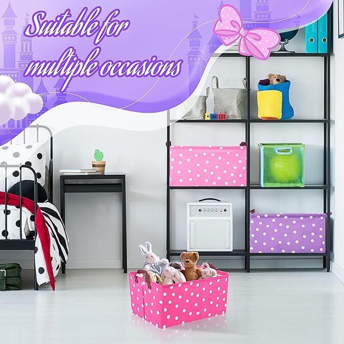 3 Pack Storage Baskets Waterproof Canvas with Leather Handles Storage Bins Basket Organizer Collapsible for Closet Clothes Room Decor(Pink, Rose Red, Light Purple,Dot)