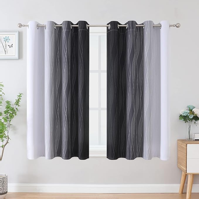 Estelar Textiler Ombre Greyish White and Black Blackout Curtains & Drapes 54 Inch Length 2 Panels for Bedroom, Thermal Insulated Full Light Blocking Grommet Blackout Drapes for Bathroom, 52Wx54L