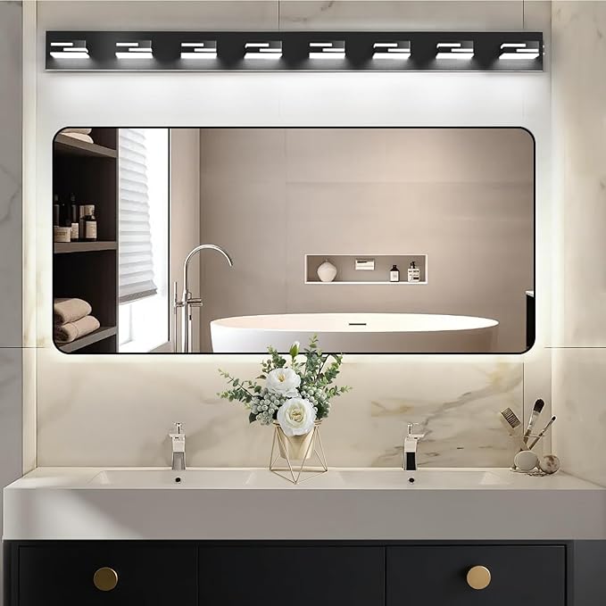 LED Modern Bathroom Vanity Light Fixtures, 8-Light 55-inch Dimmable Matte Black Vanity Lights for Bathroom Lighting Fixtures Over Mirror, with 350° Rotatable Acrylic Heads (Cool White 6000K)