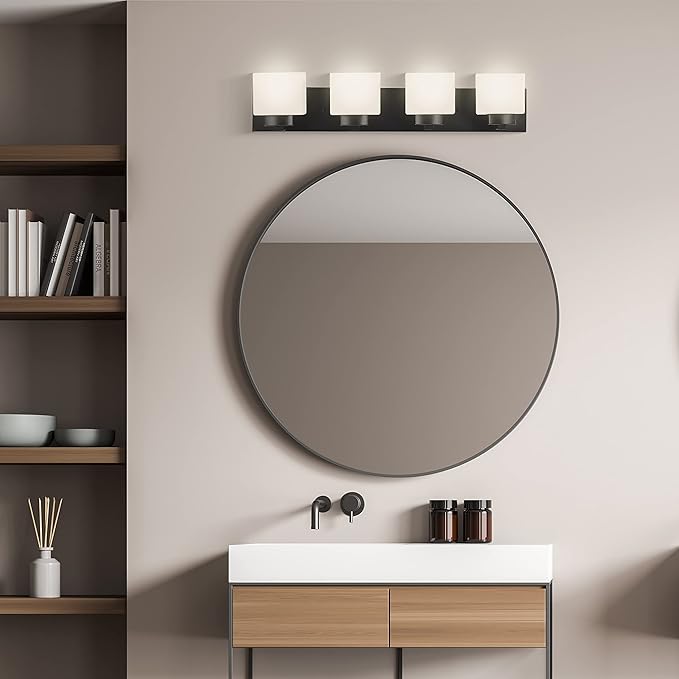 Design House 588426 Dove Creek Vanity Light Dimmable with Frosted Glass for Above Bathroom Mirror, Matte Black, 4-Light
