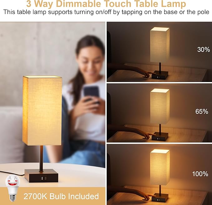 Sailstar Touch Bedside Lamp for Bedroom Set of 2, 3 Way Dimmable Table Lamp with USB C+A Charging Ports, Small Nightand Lamps for Bedroom Decor, Living Room, Home, LED Bulbs Included, Upgraded Beige