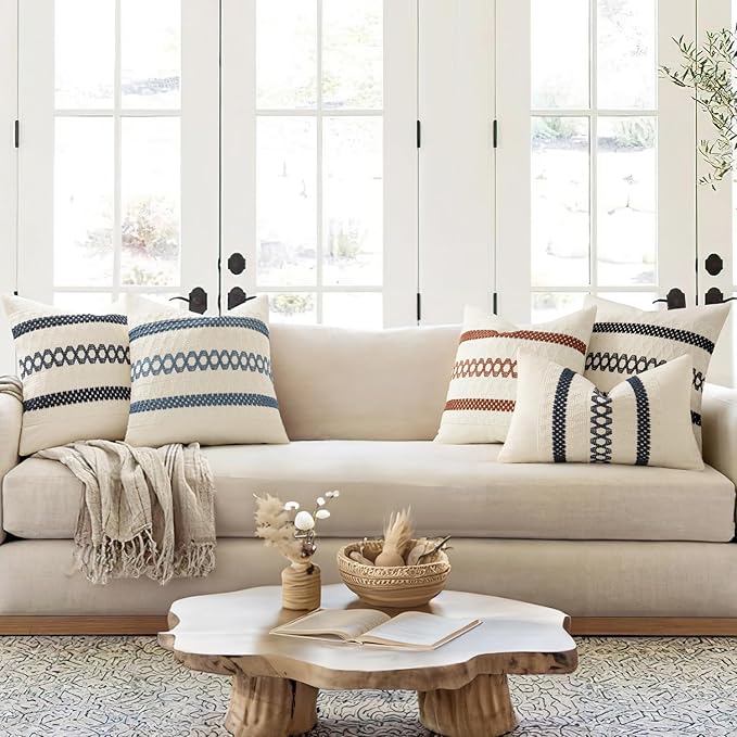 MIULEE Set of 2 Navy Blue Boho Decorative Pillow Covers 20x20 Inch Farmhouse Rustic Couch Throw Pillows Modern Spring Cotton Cushion Covers Retro Cute Macrame Woven Home Decor for Bed Sofa Chair