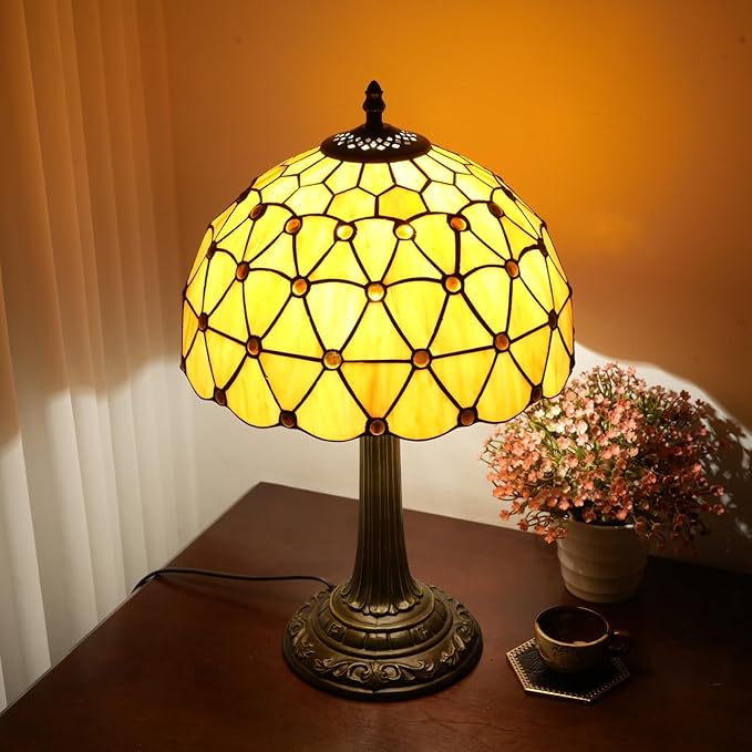 Tiffany Style Stained Glass Table Lamp Handmade Orange Tea Beads 12 Inch Warm Light Bedside Lamp For Bedroom Dorm Offee Shop Reading Study Home Decor Art Gift Retro Atmosphere Lighting Nightstand Lamp
