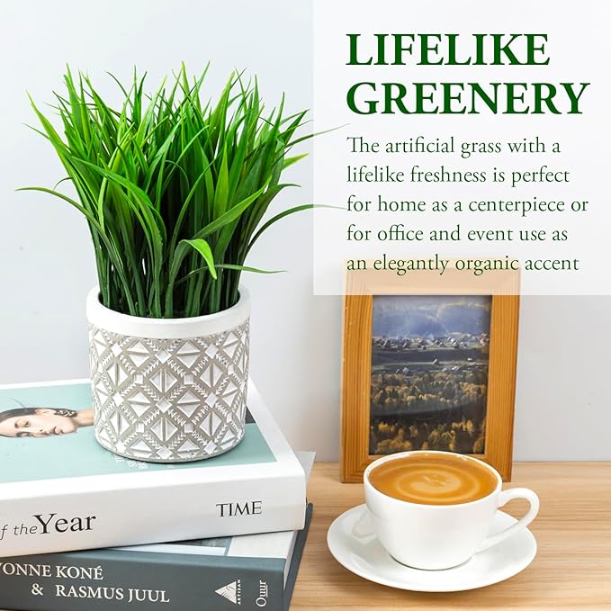 MyGift 9 Inch Artificial Green Grass Plants in Modern Concrete Pot with Geometric Embossed Pattern, Faux Greenery Plant Centerpiece Decorative Round Planter