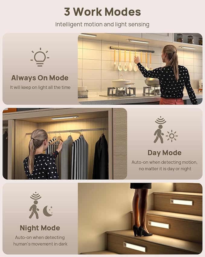 Under Cabinet Lights Wireless,11.9" Motion Sensor Light Indoor with Remote Control,2500mAh LED Rechargeable Battery Operated Closet Light,3 Color Temps,Under Counter Lights for Kitchen,Stairs,5 Pack