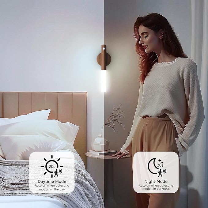 Battery-Operated Wall Sconce Wall Lights: 2200mAh Rechargeable Motion Sensor Magnetic Wireless Stairway Lights Portable Hallway Light Wooden Wall Lighting for Bedroom Stair(White Light)