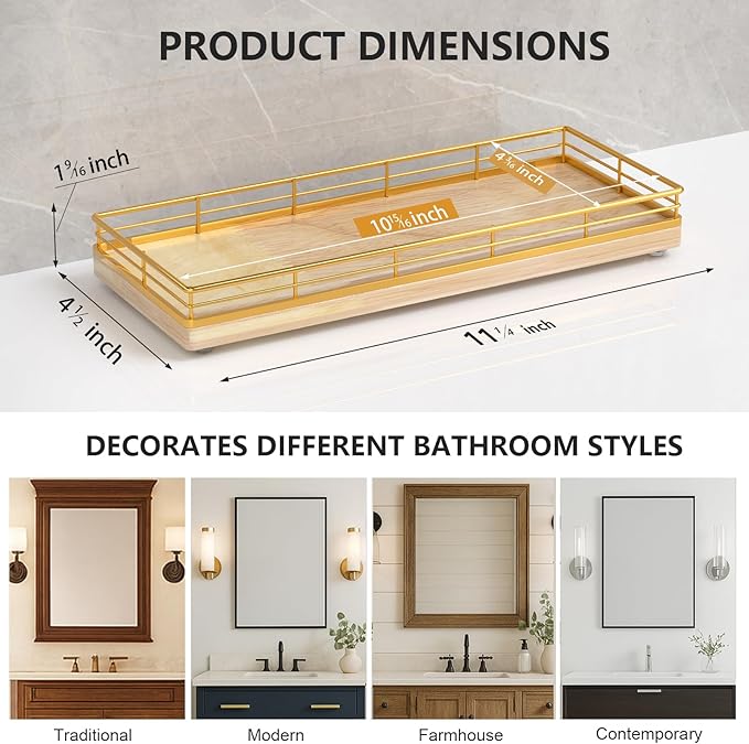Bathroom Tray for Counter Top Organizer – Oak Wood Vanity Tray with Metal Frame for Dresser, Kitchen, Nightstand – Gold & Oak Decorative Storage