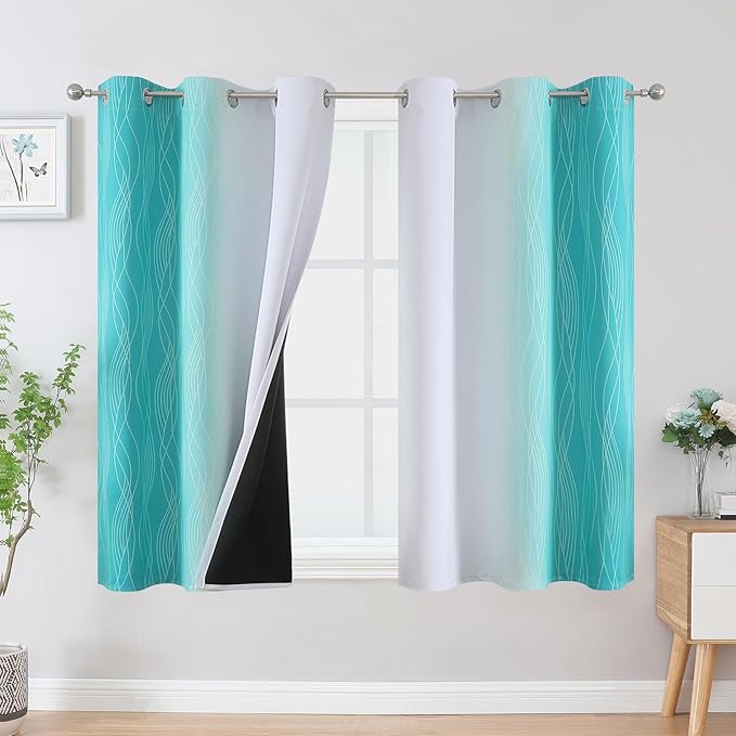 Estelar Textiler Teal and Greyish White Blackout Curtains 45 Inch Length, Light Blocking Gradient Drapes for Kitchen, Thermal Insulated Grommet Ombre Curtains for Bathroom,42Wx45L,2 Panels