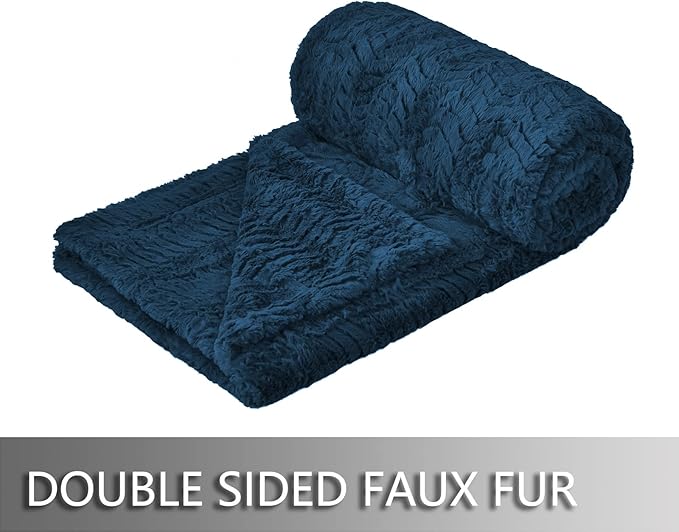 YUSOKI Luxury Faux Fur Throw Blanket(Without Pillows) 2 Layers,3lb,All Ages,Home Decoration, (Navy Blue,50" x 63")