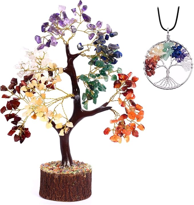 Crystal Tree of Life, Chakra Gemstone Pendant, 7 Chakra Healing Trees for Home Decor, Office Desk Decor, Room Decor, Bonsai Trees for Positive Energy, Good Luck Birthday Gifts for Women 10-12"