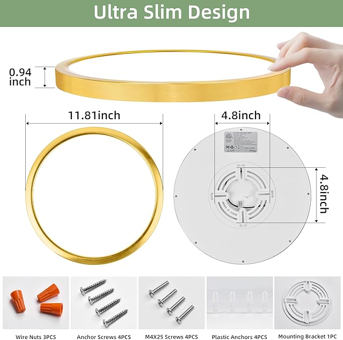 hykolity 12 Inch Selectable CCT LED Round Flat Panel Light, 24W 3000K/4000K/5000K, Edge-Lit Flush Mount Ceiling Light Fixture for Kitchen, Bedroom, Laundry and Closet Room,Gold