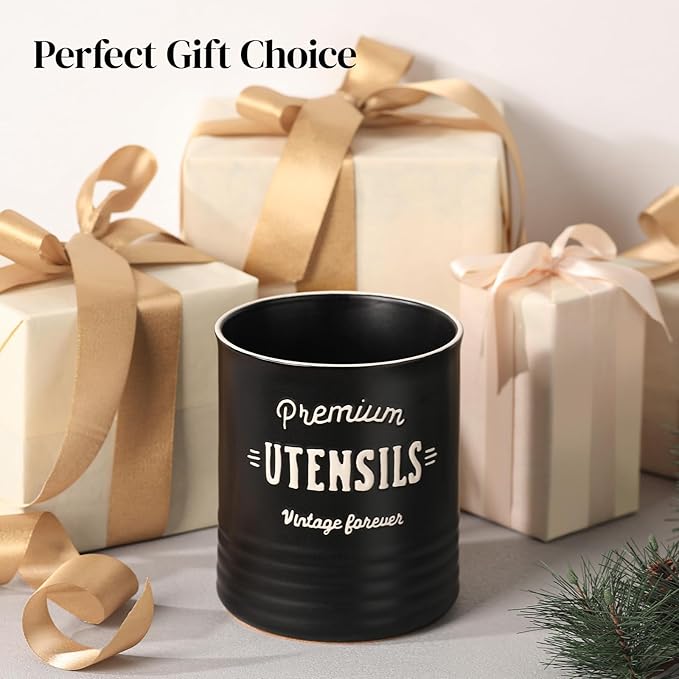 DOWAN 7.2″ Extra Large Utensil Holder, Farmhouse Utensil Holder for Kitchen Counter, Ceramic Utensil Crock with Protection Cork Mat, Utensil Storage for Kitchen Decor & Housewarming Gift, Matte Black