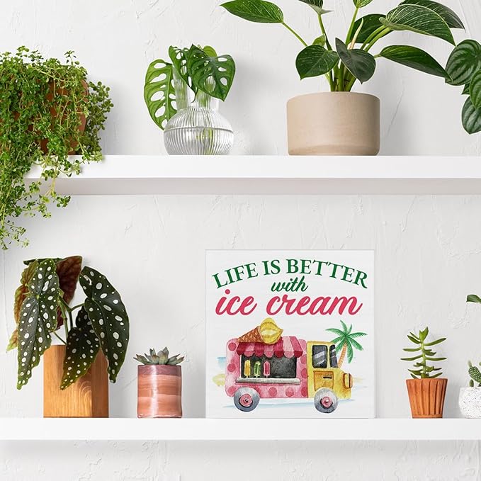 Summer Decor - Ice Cream Truck Decorations Summer Popsicle Wooden Sign Home Shelf Desk Decor 5 X 5 Inches