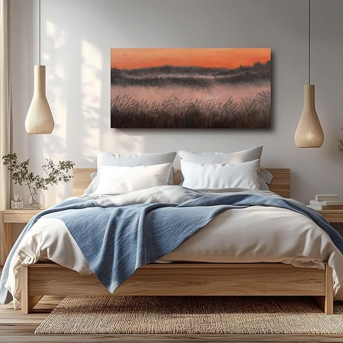 Plants Wall Art Golden Sunset Artwork Hillside Meadow Framed Wall Prints for Office Living Room Wall Decorations 24x48 Inch Hanging Wall Decor