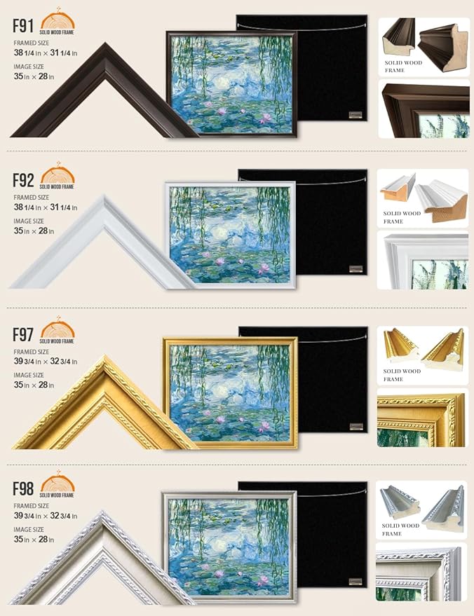 DECORARTS - Claude Monet Water Lilies 1916-1919, Large Framed Wall Art, Canvas Size 35x28, Outer Dimensions Larger With Customizable Solid Wood Frames, Giclee Canvas Print, Made in USA