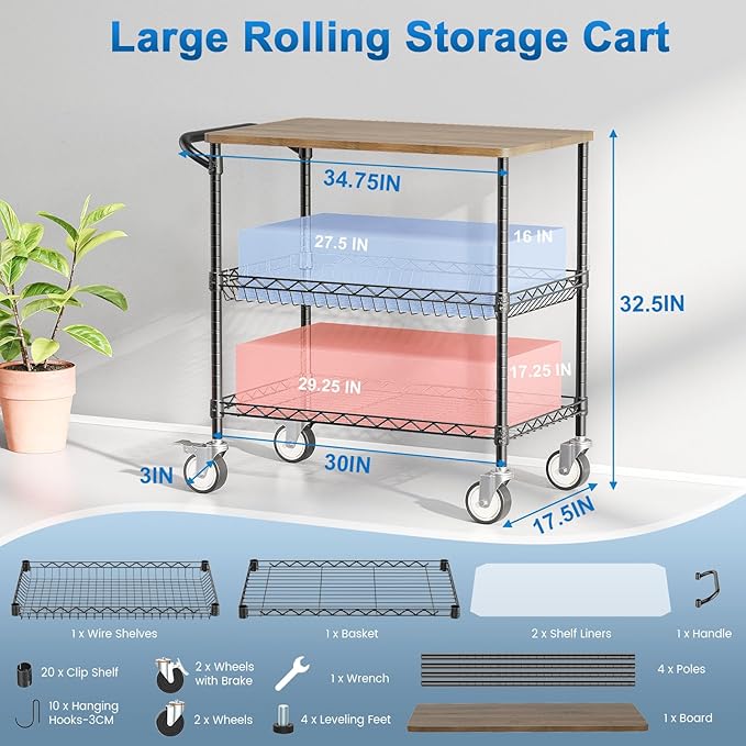 Leteuke Rolling Kitchen Carts with Wheels, 34" L x 17.5" W, 3-Tier Heavy Duty Utility Cart with Wood Tabletop, NSF Commercial Metal Serving Cart with Handle and Shelf Liner for Kitchen, Black