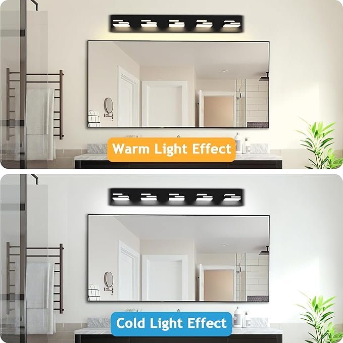 LED Modern Bathroom Vanity Light Fixtures 5-Light 5CCT Dimmable Matte Black Vanity Lights for Bathroom Lighting Fixtures Over Mirror, with 350° Rotatable Acrylic Heads, 34-inch