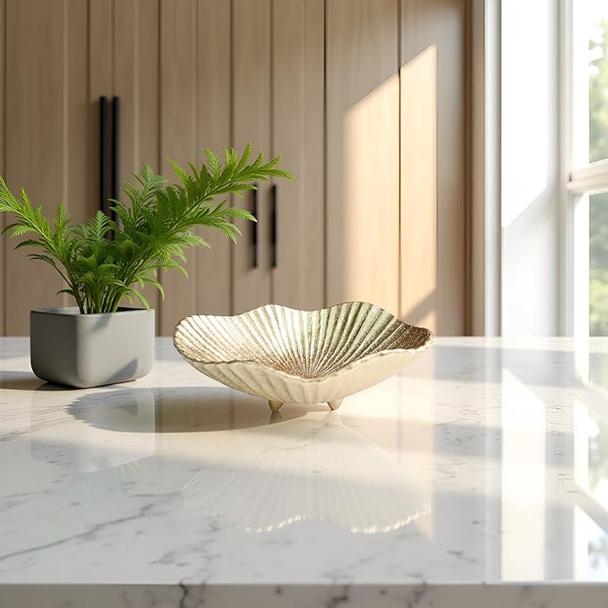 Large Decorative Bowl decor, Scalloped Pedestal Bowls,Modern Home Decor,Ruffle Decor,Stylish Key Bowl for Entry Table,Decorative Fruit Bowl for Kitchen Counter, Golden