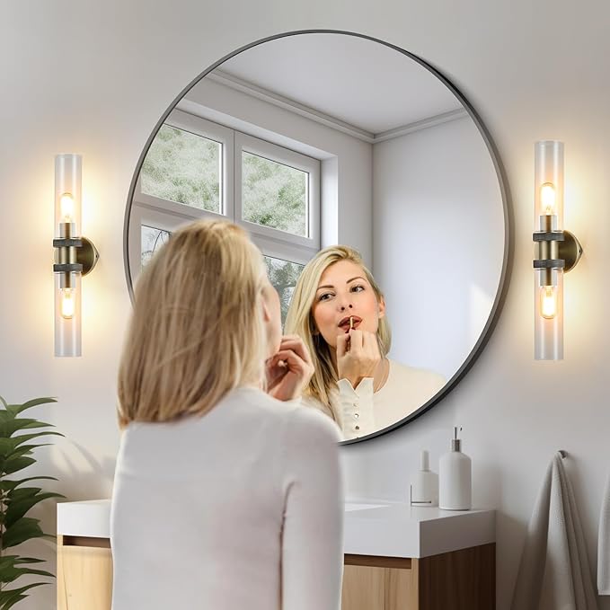 2 Light Bathroom Vanity Light Brushed Bronze, Bathroom Light Fixtures Side Mirror,Hallway Vanity Lights Fixtures, Modern Wall Lamp for Bedroom with Glass Shade