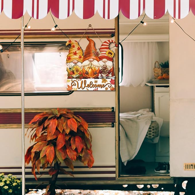 Boao Fall Welcome Sign Gnome Hanging Door Decor Thanksgiving Wooden Sign Autumn Door Decorations Pumpkin Maple Leaves Hanger for Outdoor Farmhouse Porch