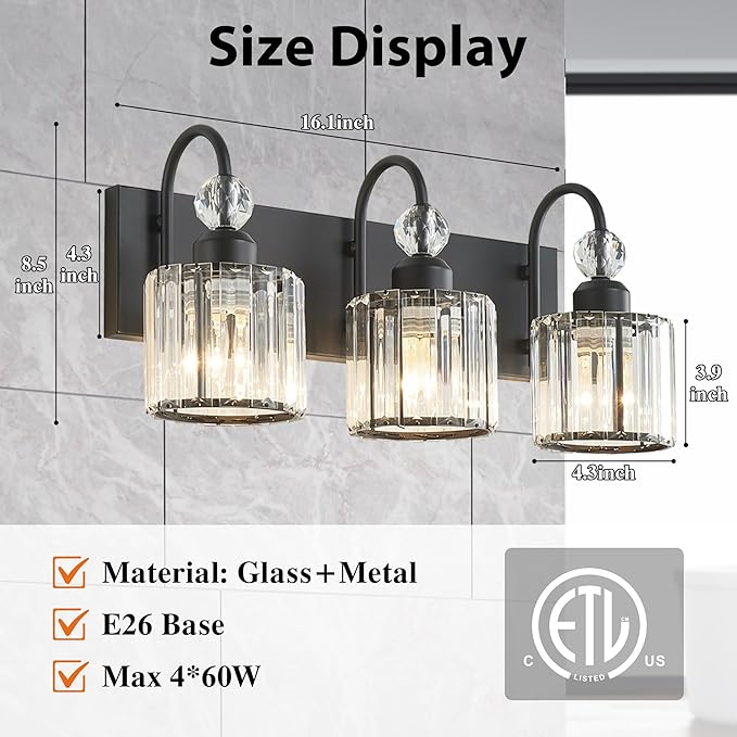 Bathroom Vanity Light Fixtures Over Mirror - Makeup Lighting Black - for Modern Wall, Bath, Desk, Farmhouse, Hallway (3 Crystal Lights)