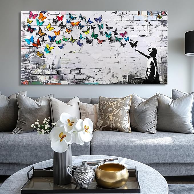 Colorful Graffiti Wall Art Funny Butterfly Paintings Banksy Street Art Mural Pop Art Home Office Wall Decor Framed Canvas Wall Decor for Living Room Ready to Hang - 48x24in