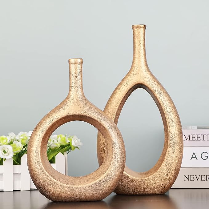 Gold Ceramic Hollow Elliptical Vase Set of 2 - Boho Circle Vase with Hole, for Modern Gold Table Decor, Living Room Decor Shelf mid Century Modern Home Entrance Decorative vase