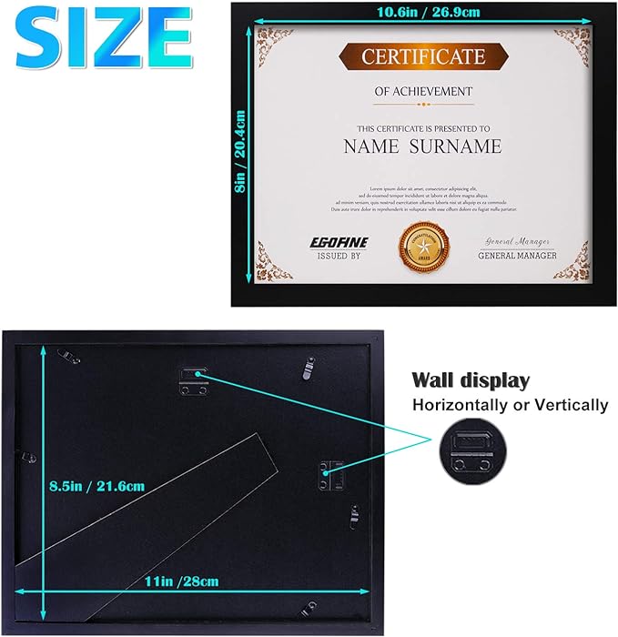 Egofine 8.5x11 Picture Frames Set of 4, Made of Solid Wood Covered by Plexiglass for Document,Diploma, Certificates and Degree, for Table Top Display and Wall Mounting Photo Frame Black
