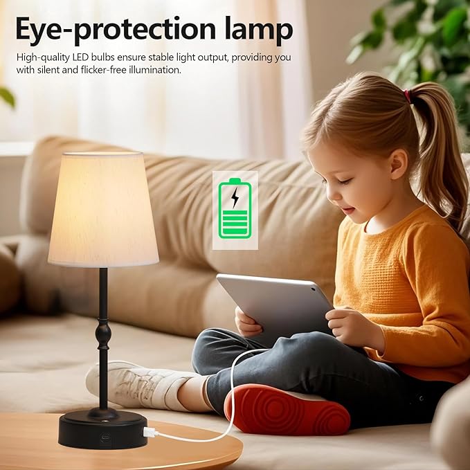 Cordless Rechargeable LED Table Lamp with Dimmer,Black Portables Desk Lamp,Small Bedside Lamp,Battery Operated Lamp for Patio Balcony Corner Camping Bar RV