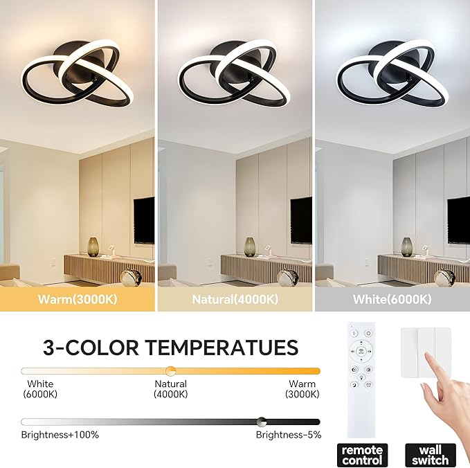 10 Inch Modern Ceiling Light, 24W LED Dimmable Ceiling Light with Remote Control, 3000-6000K Color Temperature Adjustable, Balck Small Chandelier for Bedroom, Entryway, Hallway, Kitchen