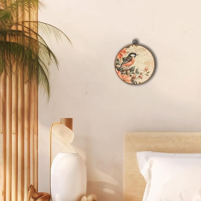 Tzhim Vintage Floral Sparrow Bird Round Wall Art, Rustic Pink Rose Bird Round Wall Decor Framed, Cottagecore Farmhouse Canvas Walls Sculptures for Home Room Decor, 10x10 Inch