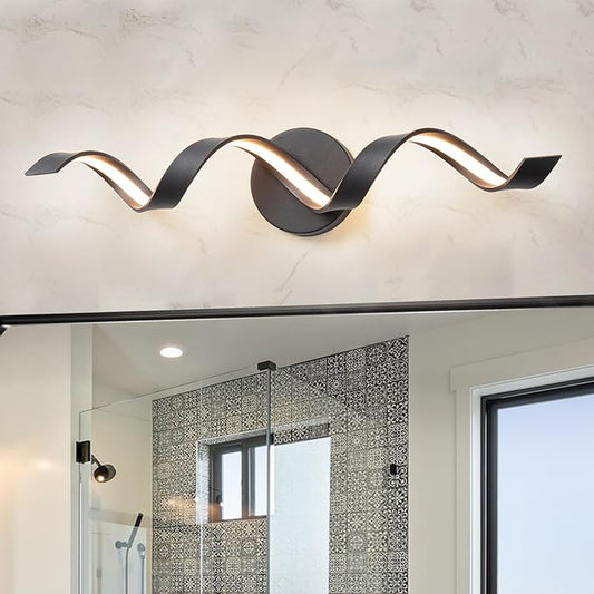 Dimmable Modern Bathroom Vanity Lights, 24 inch Spiral Design Black LED Bathroom Wall Light Fixtures Over Mirror for Living Room Bedroom 3000K Warm Light