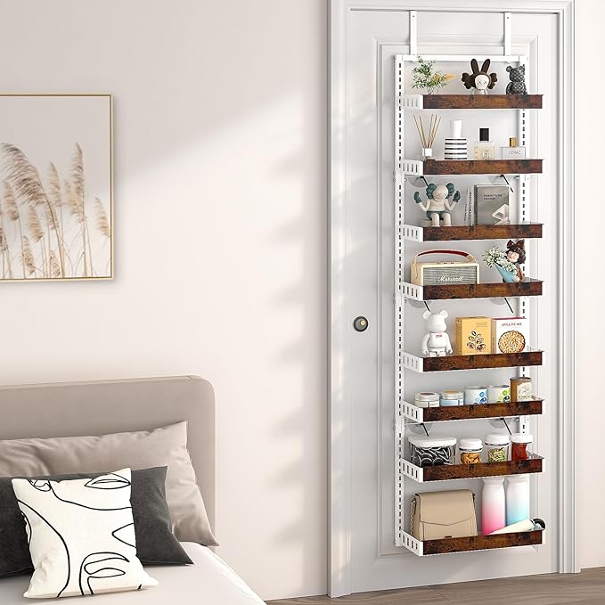 bukfen Over the Door Pantry Organizer, 8-Tier Adjustable Wooden Basket Kitchen Pantry Door Organization and Storage, 2 in 1 Wall Mount or Hanging Heavy-Duty Metal Hanging Kitchen Spice Rack,White