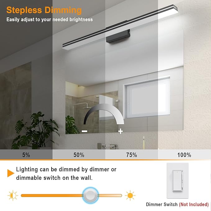 SineRise LED Modern Bathroom Vanity Light Bar (40-Inch, 3000K/4000K/6000K), Matte Black Dimmable Modern Acrylic Bathroom Wall Lighting Fixtures Over Mirror