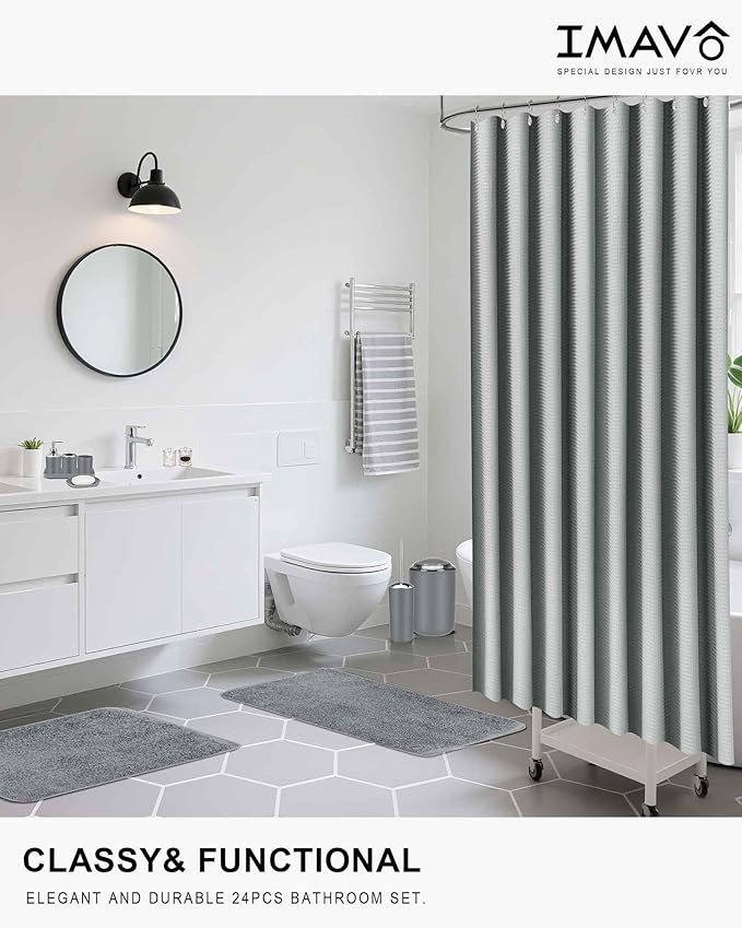 IMAVO Grey Bathroom Accessories,Non Slip Super Absorbent Rugs and Waterproof Shower Curtain with Hooks,Complete Bathroom Set for Bathroom Décor