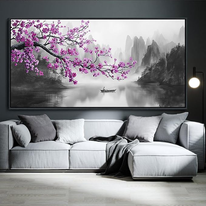 Large Purple Wall Art Decor for Living Room Bedroom Framed Black and White Landscape Full Moon Purple Flower Painting Canvas Picture Plum Blossom Artwork for Home Office 29x58IN