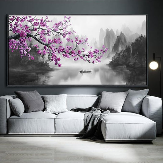 Large Purple Wall Art Decor for Living Room Bedroom Framed Black and White Landscape Full Moon Purple Flower Painting Canvas Picture Plum Blossom Artwork for Home Office 29x58IN
