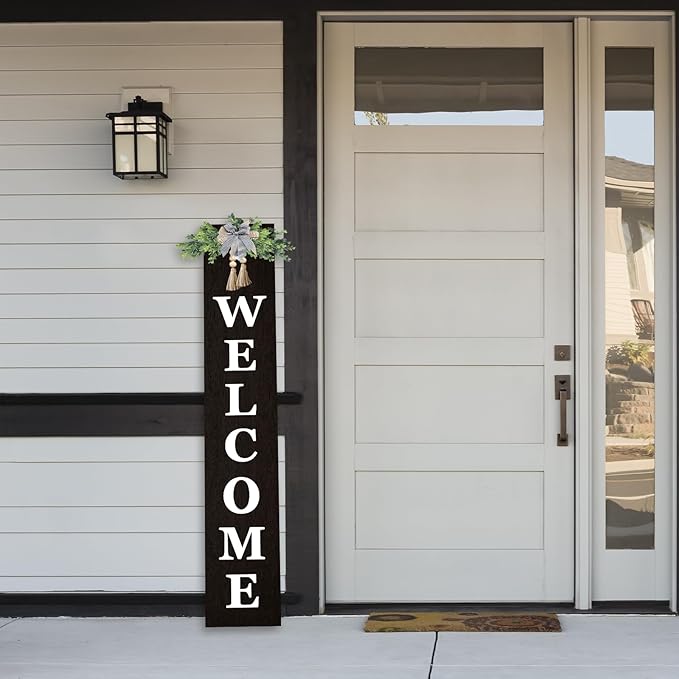 Outdoor Welcome Sign for Front Door Standing 47"X8" Large Farmhouse Wood Framed Tall Leaner Vertical Decor Rustic Home Outside Welcome Sign for Front Porch Decoration (Black)