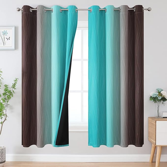 Estelar Textiler Teal and Brown Ombre Blackout Curtains 72 Inches Length for Bedroom, Thermal Insulated Full Light Blocking Grommet Gradient Blackout Drapes for Living Room, 52Wx72L, 2 Panels