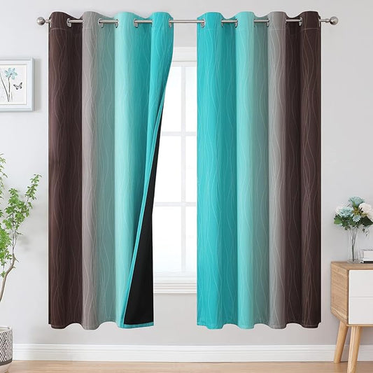 Estelar Textiler Teal and Brown Ombre Blackout Curtains 72 Inches Length for Bedroom, Thermal Insulated Full Light Blocking Grommet Gradient Blackout Drapes for Living Room, 52Wx72L, 2 Panels