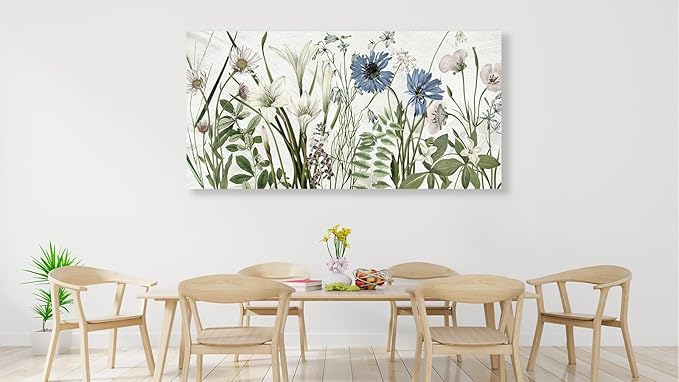 NINEASO Botanical Canvas Wall Art - Wildflower Pictures Floral Wall Decor Nature Prints Green Blue Flower Plants Painting Artwork for Living Room Bedroom Home Office Decorations 24" x 48"