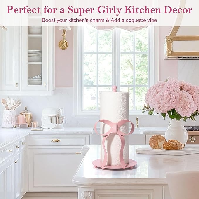 Pink Bow Paper Towel Holder Coutertop - Bow Accent Paper Towel Holder, Pink Kitchen Decor and Accessories, Coquette Room Decor Girly Gifts for Women, 3D Handmade Pattern, Weighted Base