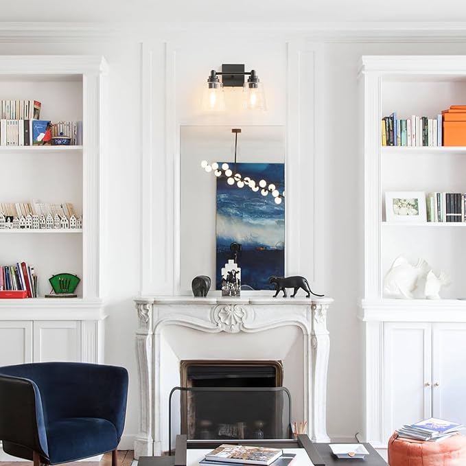 Black Bathroom Vanity Light Fixture, 2 Light Bathroom Light Fixtures Over Mirror with Clear Glass Shade and Metal Base Wall Sconce,13.4 inch Modern Vanity Light for Bathroom (Exclude E26 Bulb)