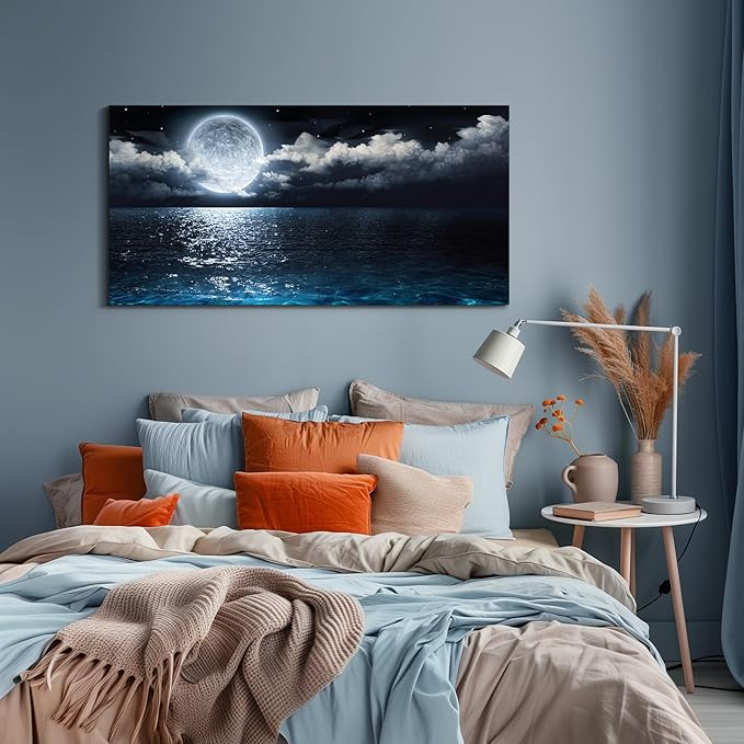 Dimpoli Moon Sea Ocean Canvas Wall Art, Night Sky Full Moon Landscape Artwork Decorations for Home Living Room Decor 40x20 Inches